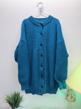 100% Wool Teal Cable-Knit w/ Brown Unique Woven Buttons - Essentials Cardigan 🌎